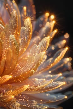 A flower with gold and silver leaves and a golden stem. The leaves are covered in glitter and the stem is also covered in glitter. The flower is surrounded by a dark background