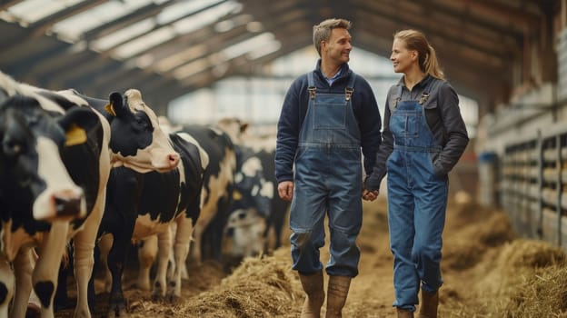 A man and woman are walking through a barn with cows. Scene is peaceful and romantic