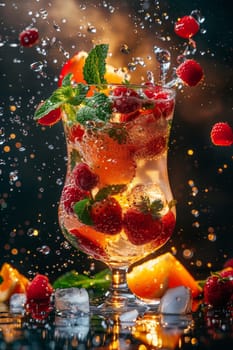 A glass of mixed fruit with a splash of water. The drink is garnished with raspberries and oranges