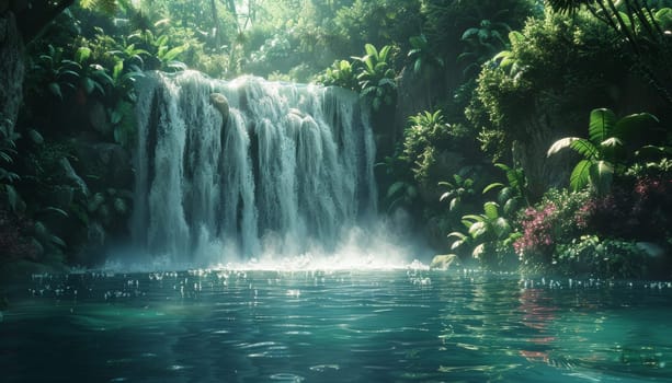 A beautiful waterfall is surrounded by lush green trees and a calm lake by AI generated image.