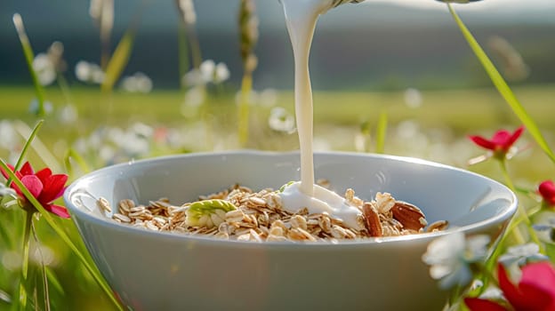 Pouring fresh milk into bowl of cereal in the English countryside field on a sunny morning for breakfast