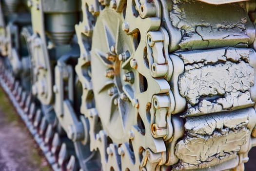 Close-up of aged military tank tracks in Warsaw, Indiana, showcasing the enduring strength and historical wear.