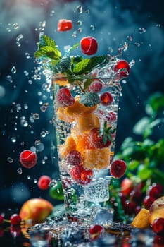 A glass of fruit juice with ice and raspberries is splashing water all over the table