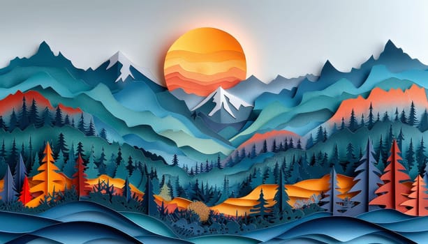 A mountain range with a sun in the sky by AI generated image.