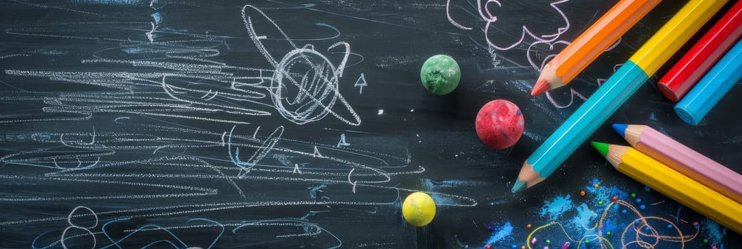 A chalkboard with a drawing of the solar system and a bunch of colored pencils by AI generated image.