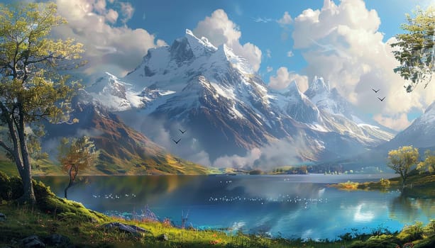 A mountain range with a snow covered peak and a lake in the foreground by AI generated image.