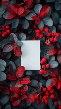 A white flower card is adorned with vibrant red leaves and berries, creating a striking pattern. The beauty of the red petals contrasts beautifully with the white font