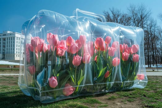 A plastic container with pink flowers inside. The flowers are arranged in a way that they look like they are inside a suitcase