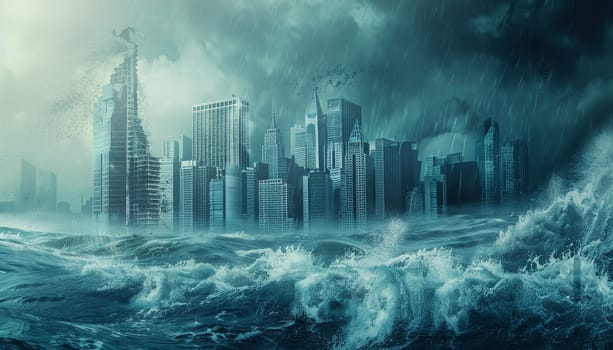 A huge wave is crashing into a city by AI generated image.