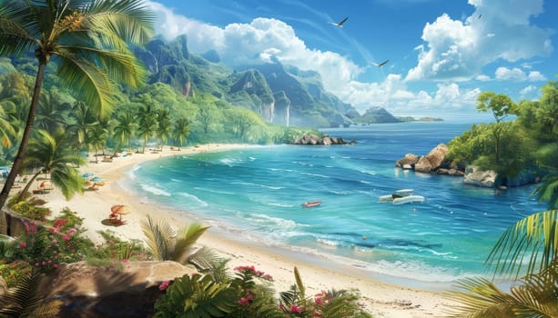 A beautiful beach scene with palm trees and a sailboat in the water by AI generated image.