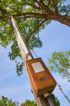 Aged utility pole with rusted electric meter amidst lush greenery under a clear sky in Fort Wayne.