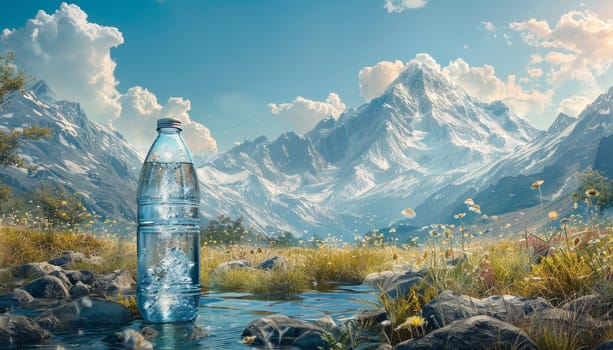 A bottle of water is floating in a river next to a mountain range by AI generated image.