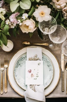 Floral wedding table decor, holiday tablescape and dinner table setting, formal event decoration for wedding reception, family celebration, English country and home styling inspiration