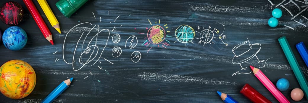 A chalkboard with a drawing of the solar system and a bunch of colored pencils by AI generated image.