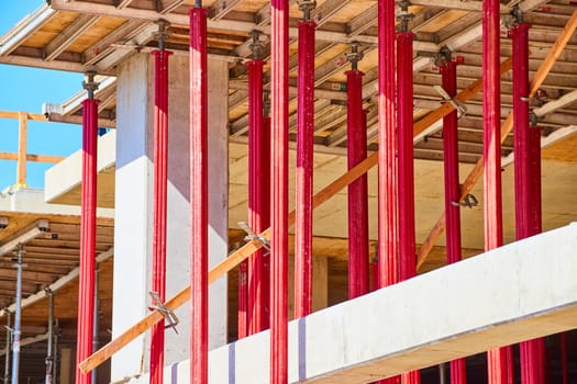 Vibrant red columns support a bustling construction site in downtown Fort Wayne, showcasing urban development.