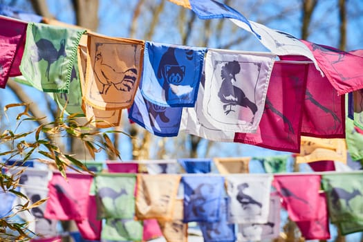 Colorful prayer flags with animal motifs flutter in a serene Fort Wayne park, symbolizing peace and tradition.