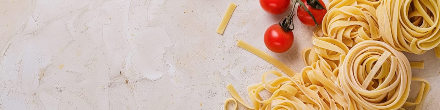 Pasta recipe preparation flatlay background with ingredients, spaghetti, olive oil, garlic, tomatoes and spices in the kitchen, homemade food recipe idea