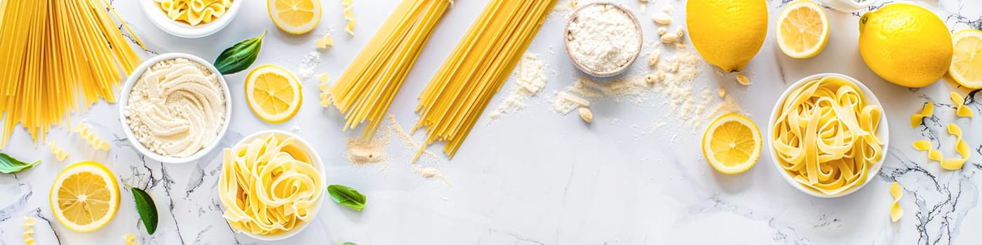 Pasta recipe preparation flatlay background with ingredients, spaghetti, olive oil, garlic, tomatoes and spices in the kitchen, homemade food recipe idea