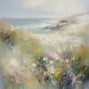 Oil style fine art coastal painting of the English coast, romantic seaside and floral meadow in soft pastel colours, evoking a sense of tranquility and natural beauty, printable art design