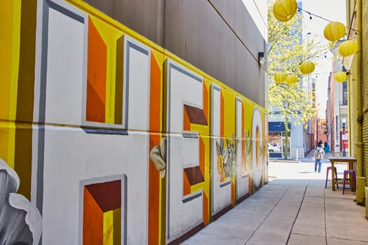 Colorful HELLO mural in a lively Fort Wayne alley, adorned with yellow lanterns and vibrant urban art.