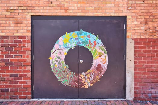 Vibrant mural on black doors against a brick wall, showcasing seasonal floral art in downtown Fort Wayne.