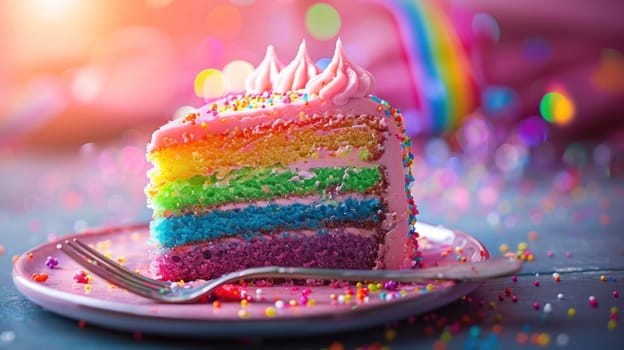 A slice of rainbow pride cake with pink frosting and sprinkles on a plate.