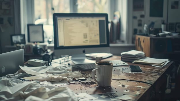 A messy desk with a spilled coffee cup, crumpled papers, and a deserted computer monitor..