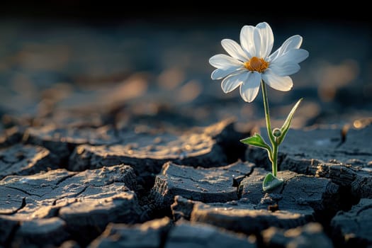 photo of a white flower breaks through cracked dry soil, the concept of global warming.