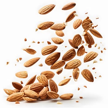 Almonds, a staple food ingredient in many cuisines, are falling into a pile on a white background. These nuts seeds come from the almond plant and are a popular produce at events