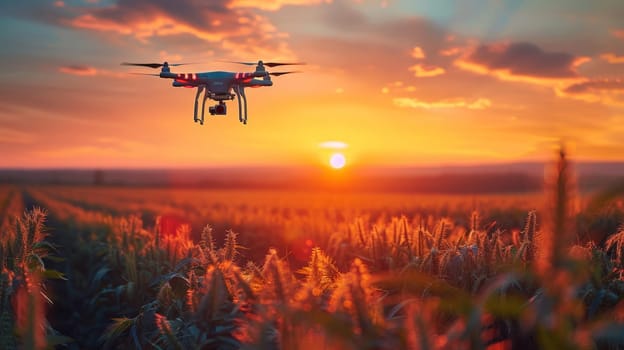 A drone flies over an agricultural field, Smart farming and precision farming concepts, Concept of technological agriculture.