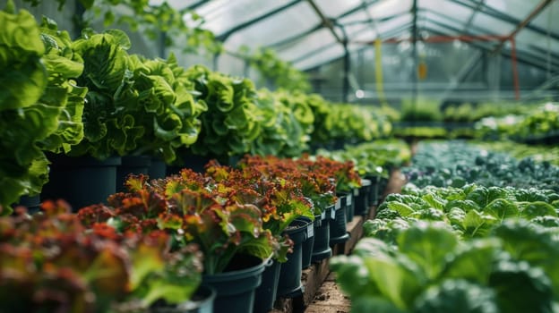 A modern greenhouse filled with veggies, A greenhouse filled with rows of genetically modified plants.