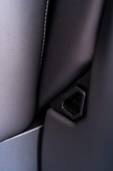 Denver, Colorado, USA-May 5, 2024-This image shows a detailed view of the back seat release pull strap in a Tesla Cybertruck, emphasizing the subtle yet functional design integrated within the vehicle interior.