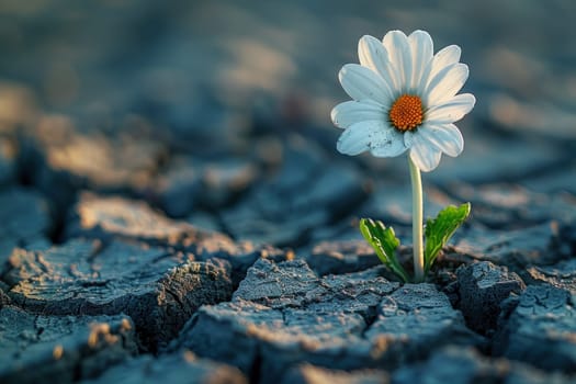photo of a white flower breaks through cracked dry soil, the concept of global warming.