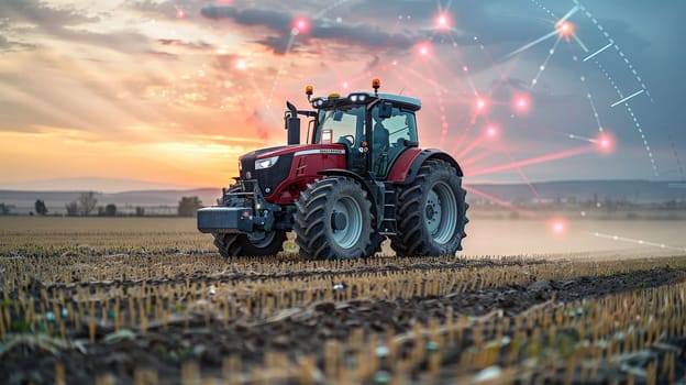 Tractor on the field, Tractors cultivate the soil in rural areas. The concept of technological agriculture.