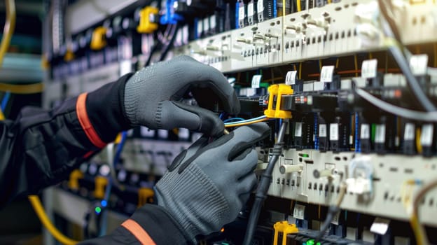 A man is working on a power box with his hands in blue gloves.