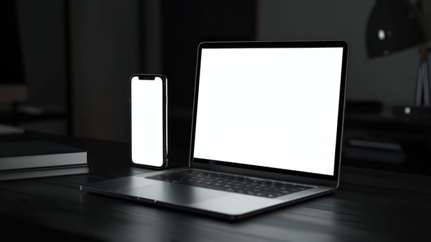 A mockup of a laptop and a phone with a white screens.