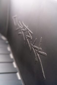 Denver, Colorado, USA-May 5, 2024-This image captures the intricate engraved Tesla logo located inside the open frunk of a Tesla Cybertruck, showcasing the attention to detail and sleek design elements characteristic of Tesla innovative electric vehicles.