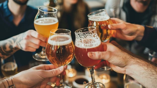 A group of friends raising their glasses in a toast, enjoying a variety of craft beers from around the world in celebration of International Beer Day..