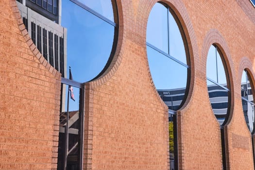 Round windows reflect modern design in bustling downtown Fort Wayne, showcasing architectural diversity.