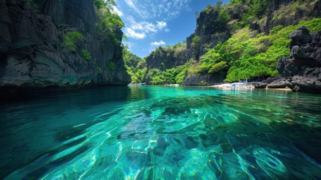 A beautiful blue river with a rocky shoreline.