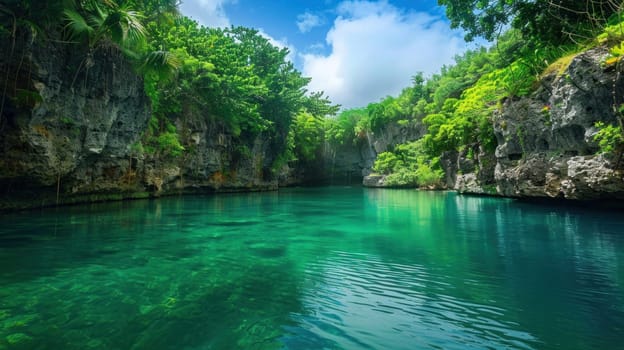 A beautiful blue river with a rocky shoreline.