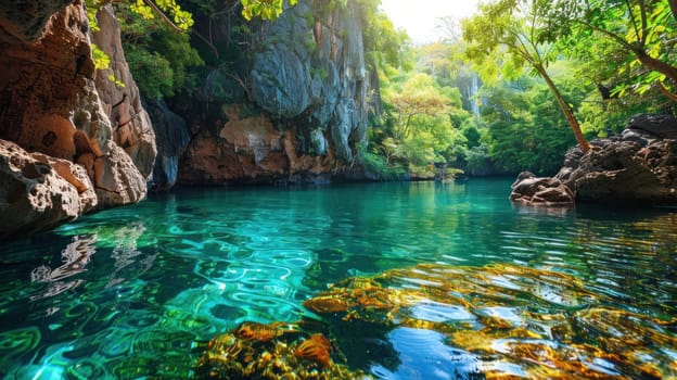 A beautiful blue river with a rocky shoreline.