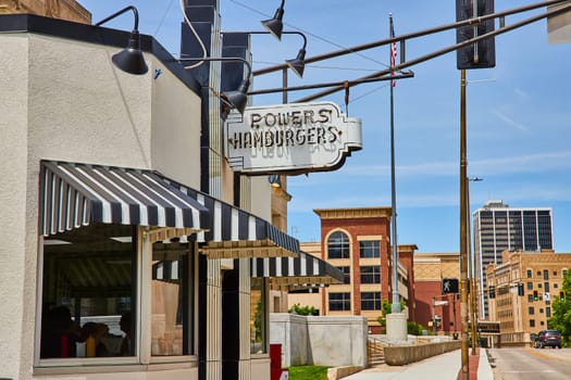 Powers Hamburgers in Fort Wayne, Indiana: A blend of historic charm and modern urban skyline.