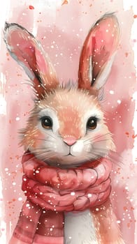 A watercolor painting of a cute rabbit with pink ears and whiskers, wearing a fawncolored scarf. It resembles the Easter bunny, perfect for an event