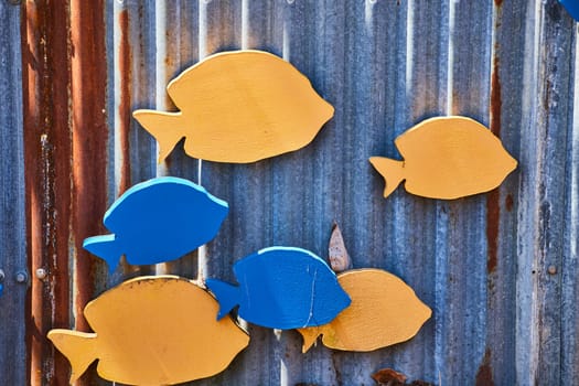 Artistic fish cutouts in blue and gold swim upwards on a weathered metal wall, capturing coastal vibrancy and resilience.