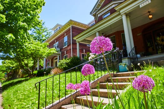 Traditional brick house with purple alliums lining the path in a historic Fort Wayne neighborhood.