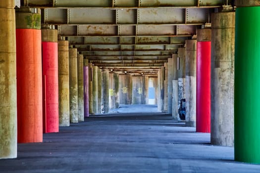 Colorful pillars under a grey overpass in downtown Fort Wayne, reflecting urban renewal and creativity.