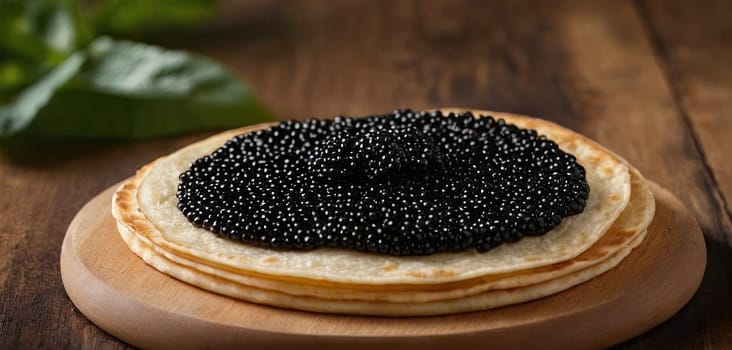 Pancakes with caviar for breakfast highlight luxury morning meal. Golden stack topped with black caviar, served on wooden plate, captures indulgent experience