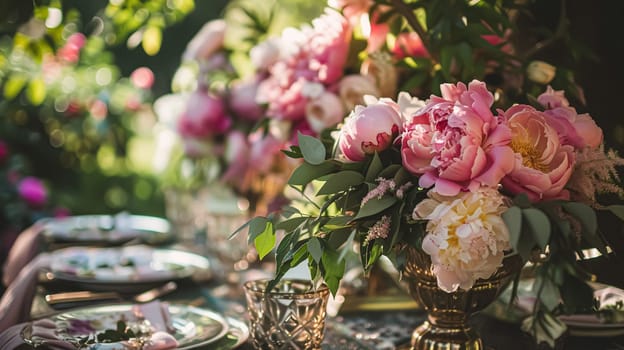 Wedding decoration with peonies, floral decor and event celebration, peony flowers and wedding ceremony in the garden, English country style