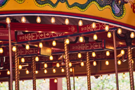 Enchanting carousel at Fort Wayne Children's Zoo, Indiana, showcasing ornate lights and mythical decor.